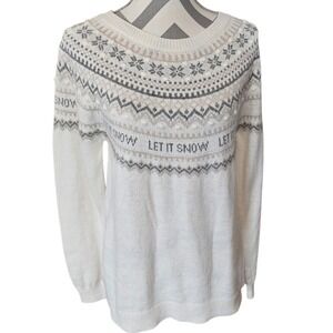 H&M LOGG Let It Snow Fair Isle Knit Sweater Cream Nordic Holiday Womens Med NWT
